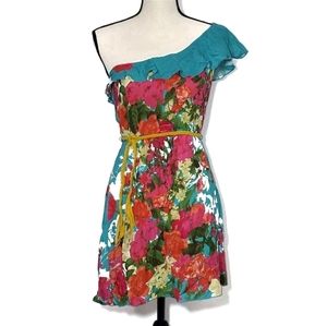 One Shoulder Dress with Ruffle & Yellow  Braided Belt. NWOT